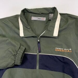 Vintage Perry Ellis America Jacket 2X Mens Green Zipup Winbreaker Bomber 90s